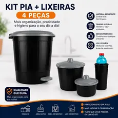 Kit Lixeiras Plásticas Pretas com Tampa e Pedal – Cozinha, Banheiro e Pia