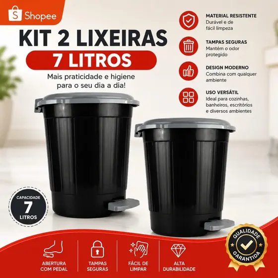 Kit 2 Lixeiras Redondas Com Pedal 7l Litros Preta Cozinha Banheiro Lavanderia