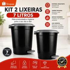 Kit 2 Lixeiras Redondas Com Pedal 7l Litros Preta Cozinha Banheiro Lavanderia
