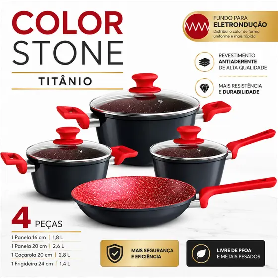 Conjunto de Panelas Colorstone 4 Peças com Frigideira Titânio Preto Para Fogão Indução e Gás - Euro Home