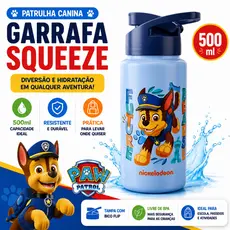 Garrafa Squeeze Água 500ml Chase Patrulha Canina Infantil Decorada Escola Lancheira Volta Às Aulas