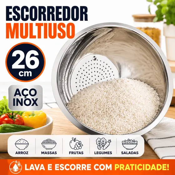 Escorredor De Aço Inox Grande Multiuso Para Arroz Salada Frutas Legumes E Macarrão