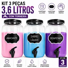 Kit 3 Dispenser 3,6L Amaciante Sabão Em Pó E Líquido Com Lousa Para Escrever Organizador Lavanderia