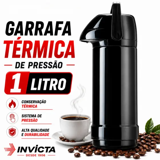Garrafa Térmica De Pressão 1L Para Café Quente E Frio Ampola De Vidro - Invicta