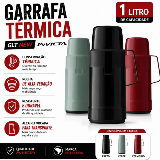 Garrafa Térmica GLT New 1L Com Rolha Para Café Chá Água Quente E Gelada - Invicta