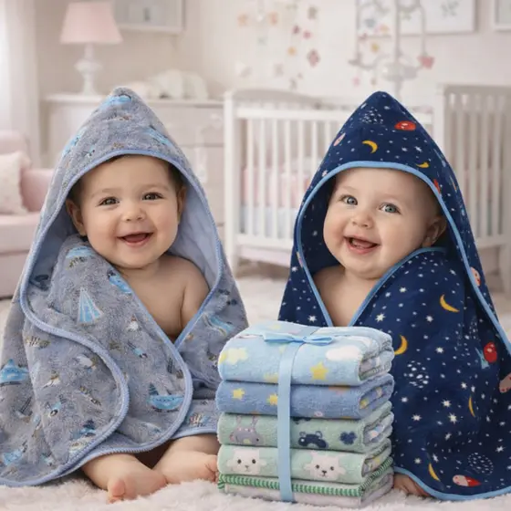 Kit 2 Toalha de Banho Bebê Tecido Soft Fleece Forrada em Fralda 100% Algodão com Capuz