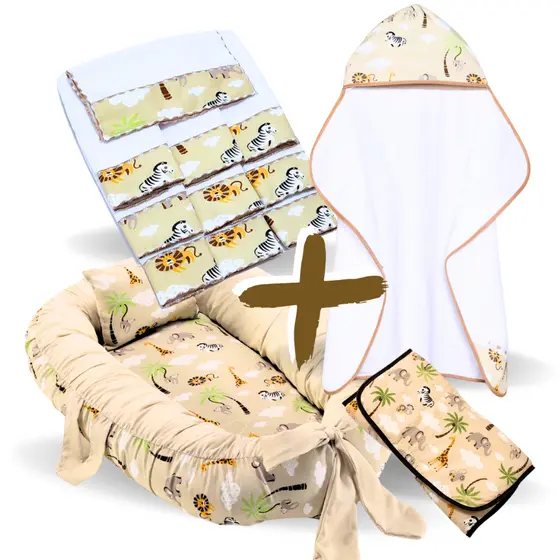 Kit Toalha de Banho Bebê Forrada +  Ninho Redutor de Berço + 6 Toalha de Ombro + Trocador Portátil