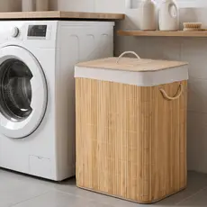 Cesto De Roupa Suja Bambu Dobrável Retangular 60L Grande Organizador Forrado Tampa Alças Banheiro Lavanderia Multiuso