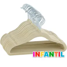 Kit 50 Cabides Veludo Infantil Bebê Slim Ultra Fino Antiderrapante Antideslizante Suporte Roupas Criança Bege Resistente
