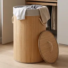 Cesto De Roupa Suja Bambu Dobrável Redondo 57L Grande Organizador Forrado Tampa Alças Banheiro Lavanderia Multiuso