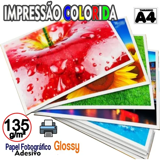 Impressão Colorida em Papel Fotográfico Adesivo 135g Tamanho A4