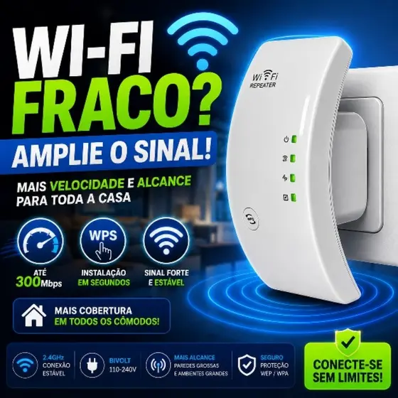 Repetidor WiFi 300Mbps Bivolt Amplificador Sinal Internet 2.4GHz WPS Extensor Wireless