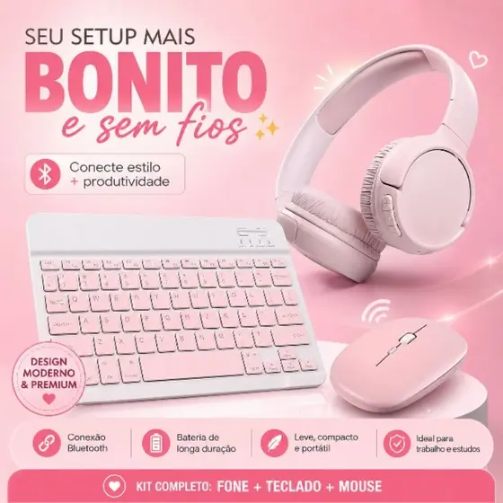 Kit Teclado Mouse Bluetooth Sem Fio + Fone Tune 510 Rosa Par