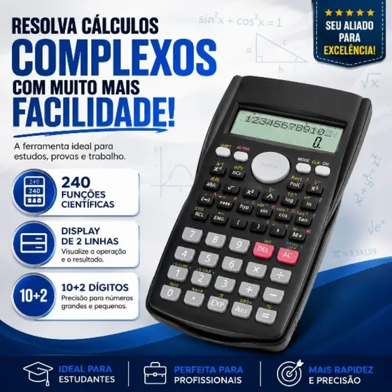 Calculadora Científica 240 Funções Com Capa Protetora Visor 2 Linhas 10+2 Dígitos LCD Para Escola Faculdade Engenharia