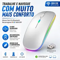 Mouse Sem Fio Bluetooth Recarregável RGB Silencioso 1600 DPI Para Notebook PC com Receptor USB