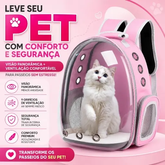 Mochila Pet Transporte Cães Gatos Até 6kg Visão Panorâmica Respirável Rosa
