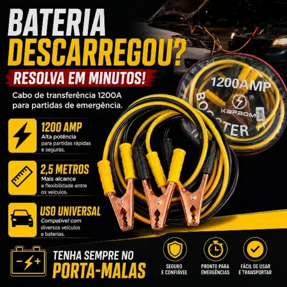 Cabo Chupeta 1200A 2,5 Metros Universal Cabo Transferência de Energia Bateria Automotiva Reforçado