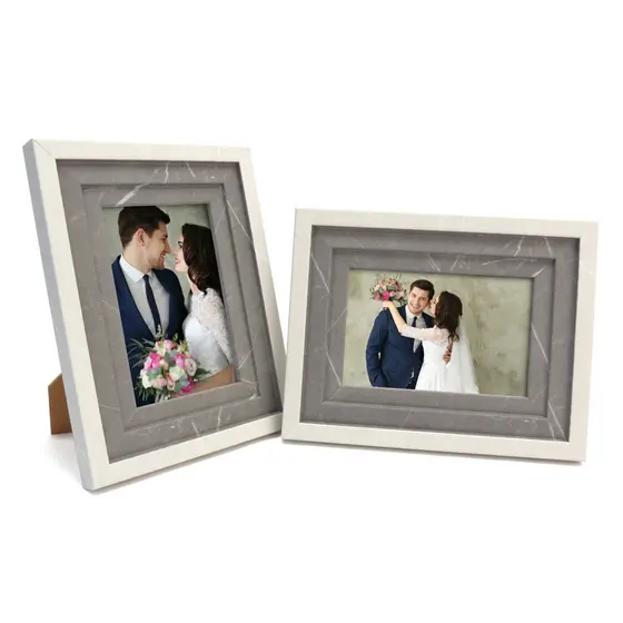 Kit 2 Porta Retratos 10x15 Cor Cinza Moldura Estilo Mármore Com Vidro