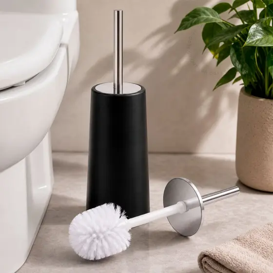 Escovas Sanitária Suporte Plástico Preta Cabo Aço Inox Banheiro Vaso Sanitário Redondo