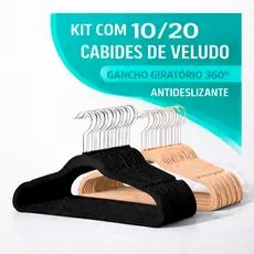 Kit 10/20 Cabides Aveludados Adulto De Veludo Antideslizante Com Gancho Giratório 360° Preto Bege