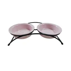 Comedouro Porcelana Duplo Suspenso Rosa para Cães e Gatos