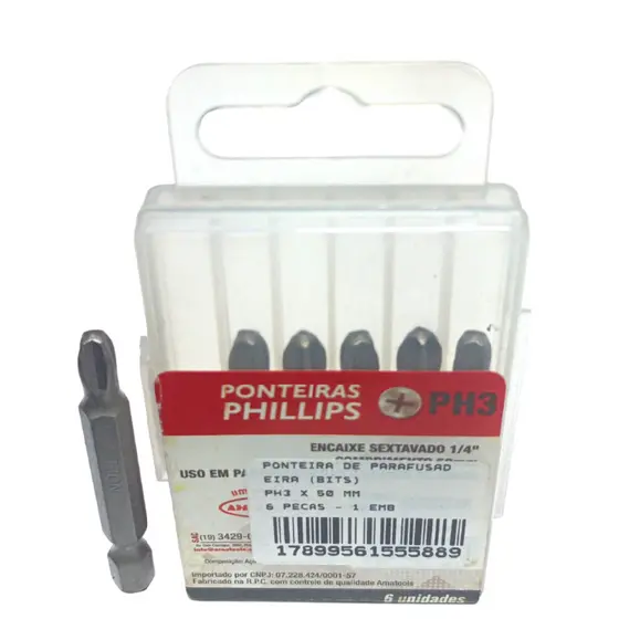 Ponteira bits para parafusadeira Philips (PH) PH3 x 50mm - Noll: 437,0006- cartela com 6 peças