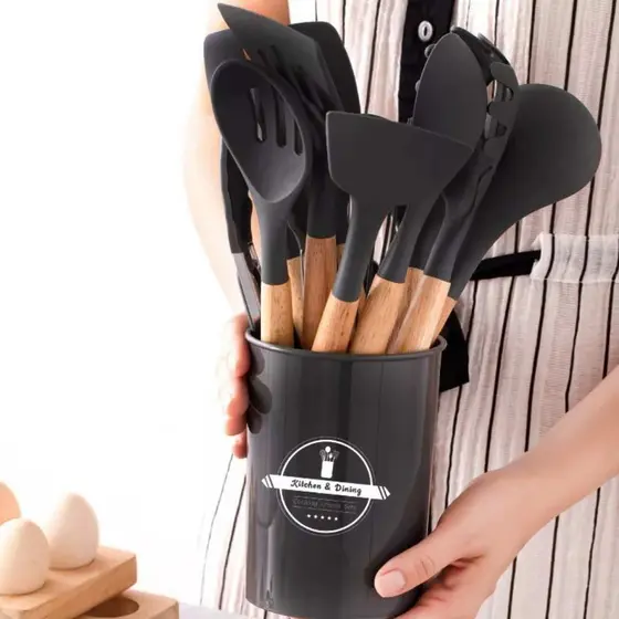 Kit Utensílios Cinza de Silicone com Cabo em Madeira c/12 Pç
