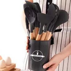 Kit Utensílios Cinza de Silicone com Cabo em Madeira c/12 Pç