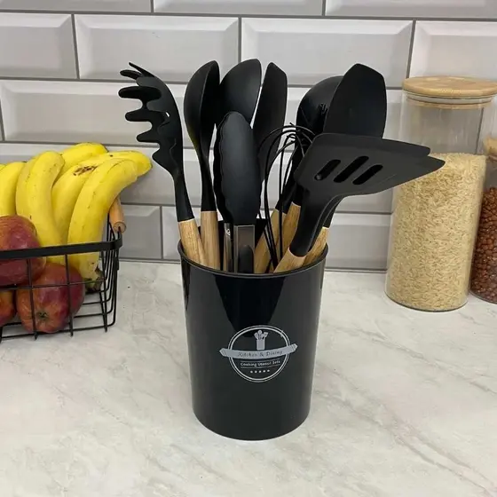Kit Utensílios de Silicone com Cabo em Madeira c/12 Peças