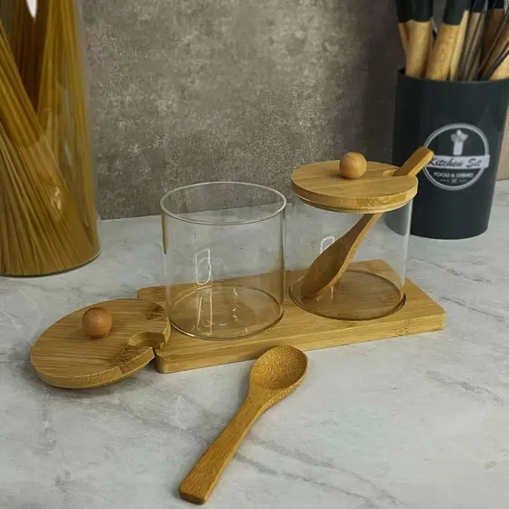Porta condimento em vidro borosilicato e bambu 3pç