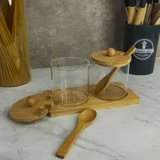 Porta condimento em vidro borosilicato e bambu 3pç