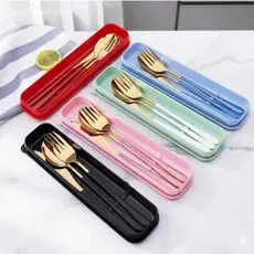 Jogo Talheres 3 Peças Colher Garfo Faca Aço Inox Dourado Estojo Viagem Mesa Jantar Elegante ref: SH-XXX