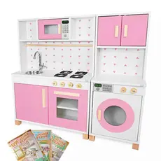 Cozinha Infantil Máquina de Lavar Madeira Rosa Brinquedo Faz de Conta Chef Pedagógico Montessori Kit Livro Educativo