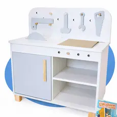 Bancada Ferramentas Oficina Infantil Madeira Brinquedo Pedagógico Faz de Conta Mini Marceneiro Kit Livro Educativo