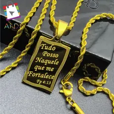 Corrente com Pingente Religioso “Tudo Posso” – Aço Inoxidável 316L Unissex, Dourada ou Prateada