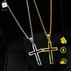 Corrente Cruz de Aço Inoxidável Vazado Gold com Pingente Símbolo Cristão Unissex
