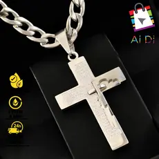 Colar de Aço Inox com Pingente de Cruz Pai Nosso - Corrente Masculina Banhada a Prata, Presente Perfeito