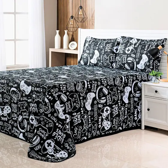 Kit Colcha Cobre Leito Queen Dupla Face Game 03 Peças Decoração para Quarto Gamer