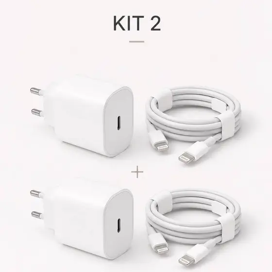 KIT 2 Carregador Turbo iPhone Android 20W Kit Completo com Cabo Rápido USB-C