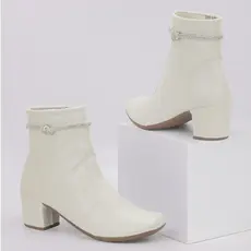 Coturno Feminino Off White Cano Curto Salto Grosso Confortável Fivela Brilhante Elegante Ref: 180