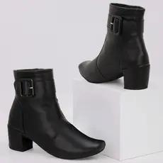 Bota Coturno Feminina Cano Curto Preto Salto Grosso Confortável com Fivela Elegante Casual Ref: 190