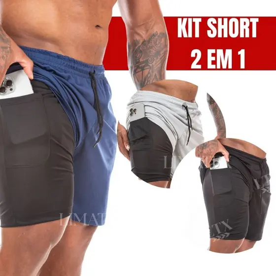 KIT BERMUDA DUPLA PARA ACADEMIA - SHORT 2 EM 1 - SHORT COM BOLSO INTERNO PARA CELULAR