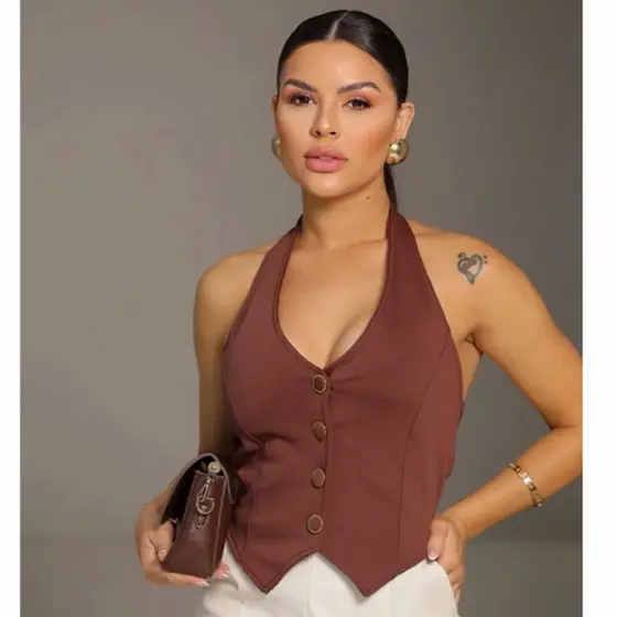 cropped Colete botões frontal Feminino Com bojo tendência Casul moderno 2026 inverno estilo V frio