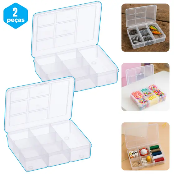 Kit Caixa Organizadora 7 Divisórias Plástica Resistente para Miçangas, Costura,  pesca e linhas
