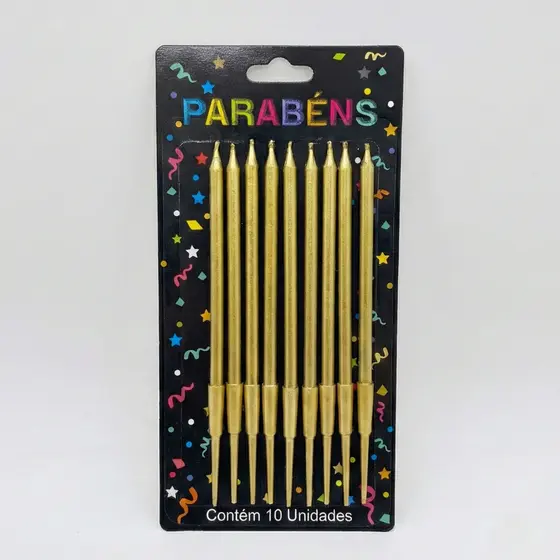 VELA PALITO DOURADA METALIZADA PARA COMEMORAÇÕES , 13CM, CARTELA C/ 10PÇS