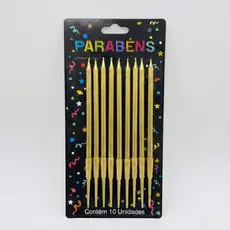 VELA PALITO DOURADA METALIZADA PARA COMEMORAÇÕES , 13CM, CARTELA C/ 10PÇS