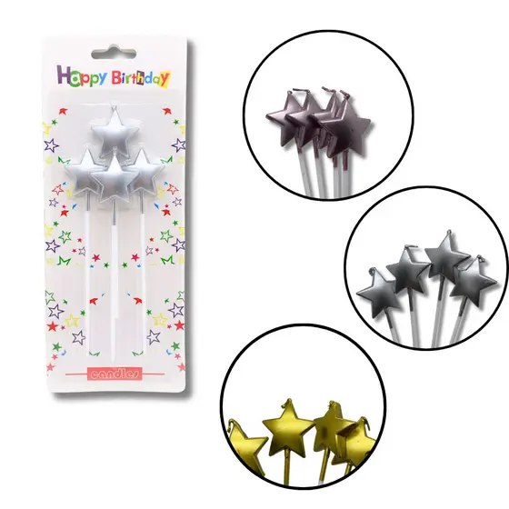 VELA PARA BOLOS E SIMILARES, 4 UNID NA CARTELA - TEMA ESTRELA