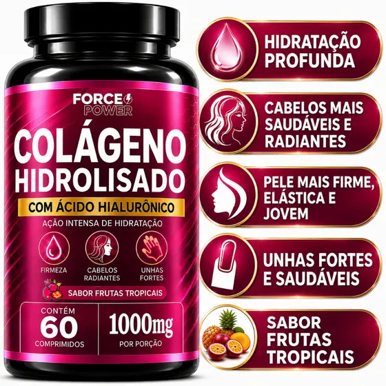 Colágeno Hidrolisado + Ácido Hialurônico 60 Comprimidos PELE UNHAS E CABELOS - POTE PARA 30 DIAS USO