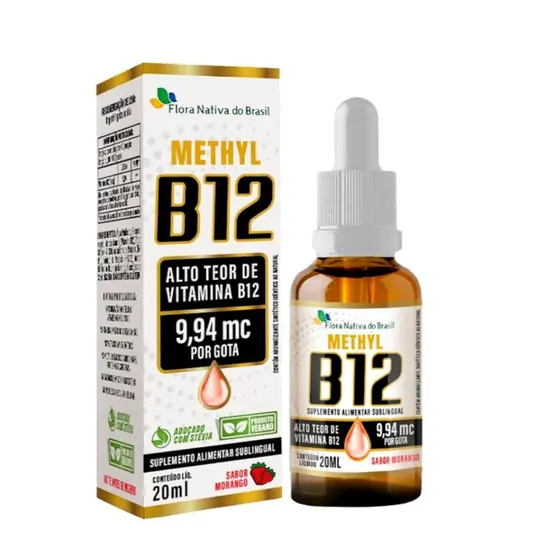 Vitamina B12 Morango Sublingual 20ml - Metilcobalamina 9,94 mcg por gota - Flora Nativa
