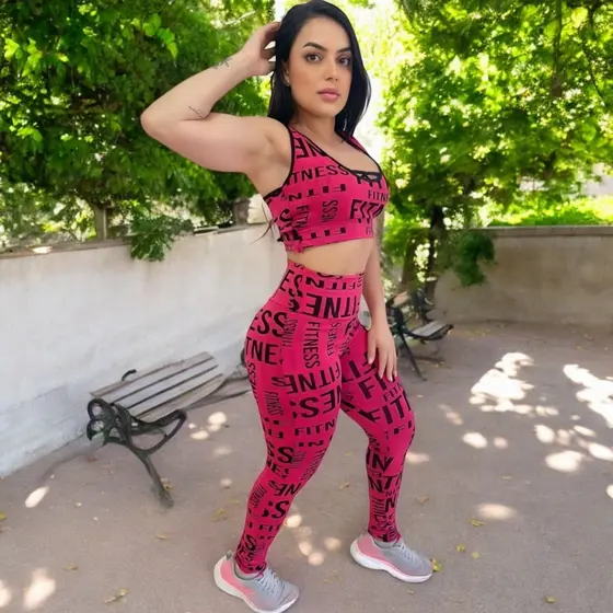 Conjunto Feminino jacquard Fusô Roupa De Academia calça Estampada cintura alta sem transparência